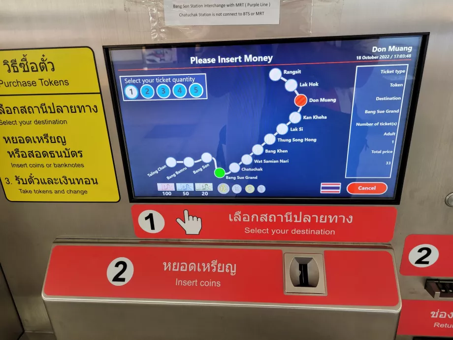 Detalle de la selección de billetes (Bang Sue es el final de la línea del aeropuerto)