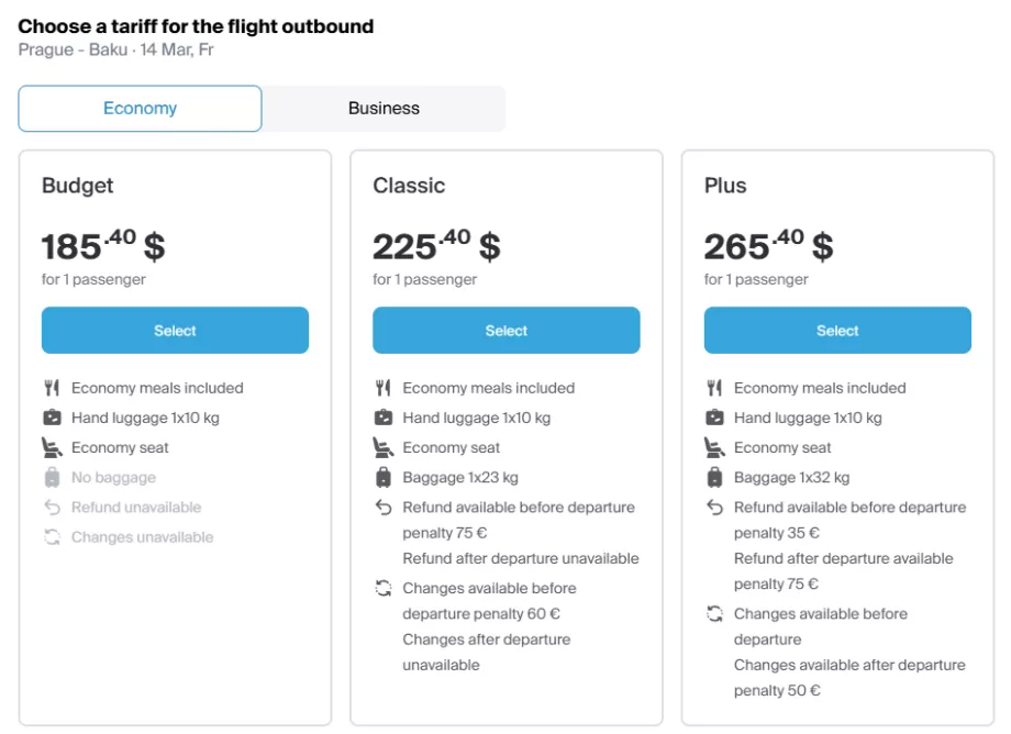 Clases de tarifas de Azerbaijan Airlines
