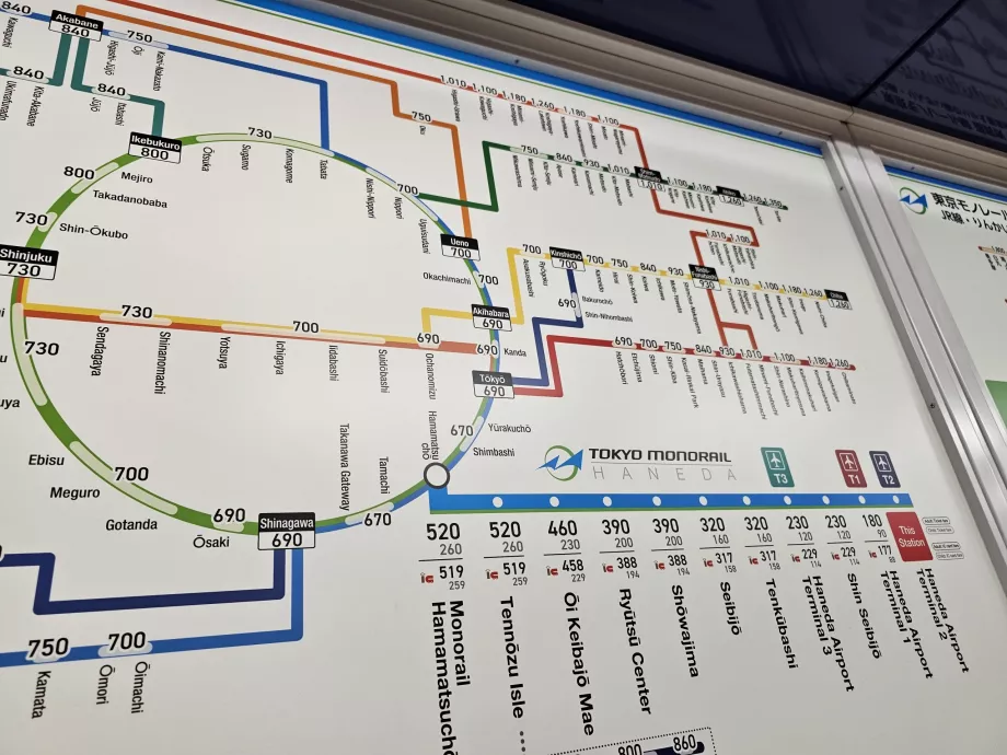 Monorraíl + mapa de tarifas de los trenes JR