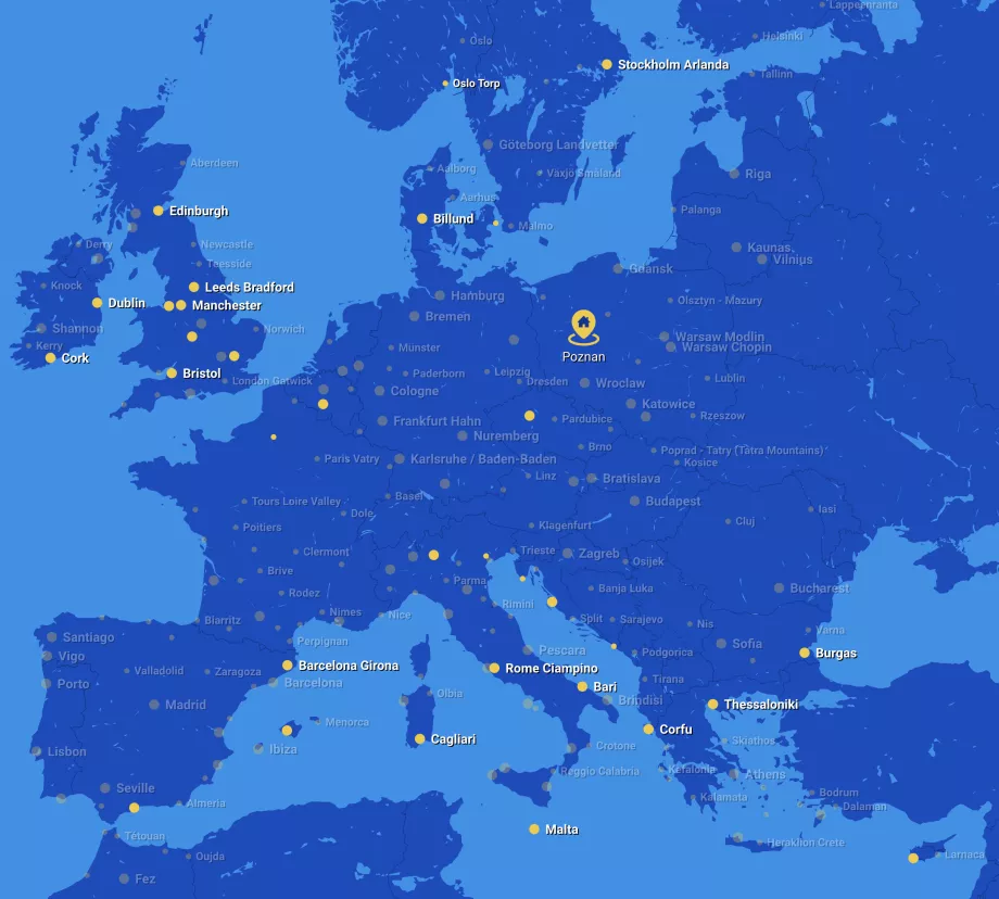 Mapa de ruta de Ryanair desde el aeropuerto de Poznan POZ